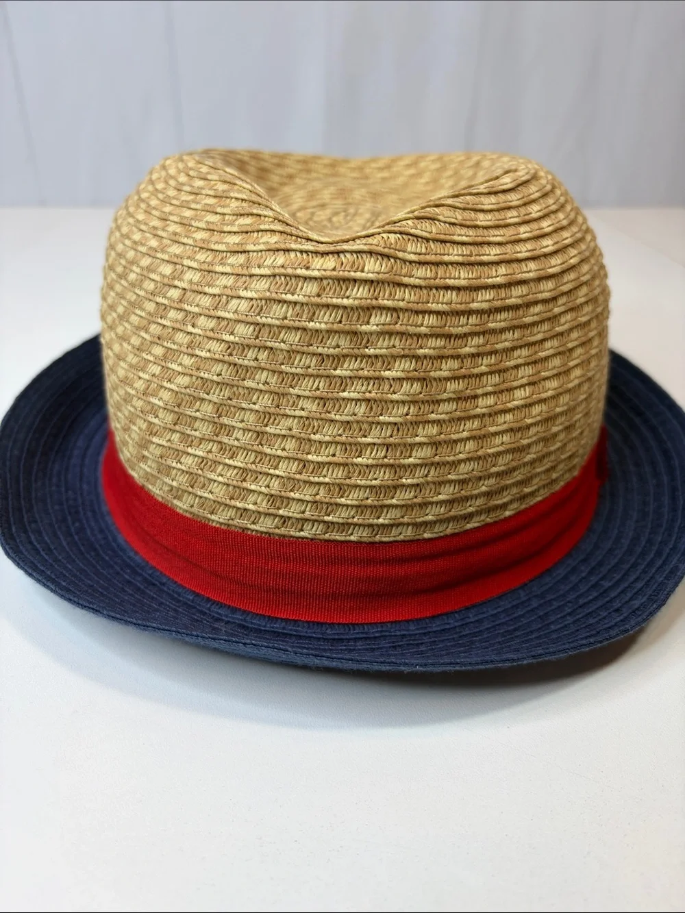 Kids Straw Bucket Hat with Red Band and Navy Brim One Size Fits Most
